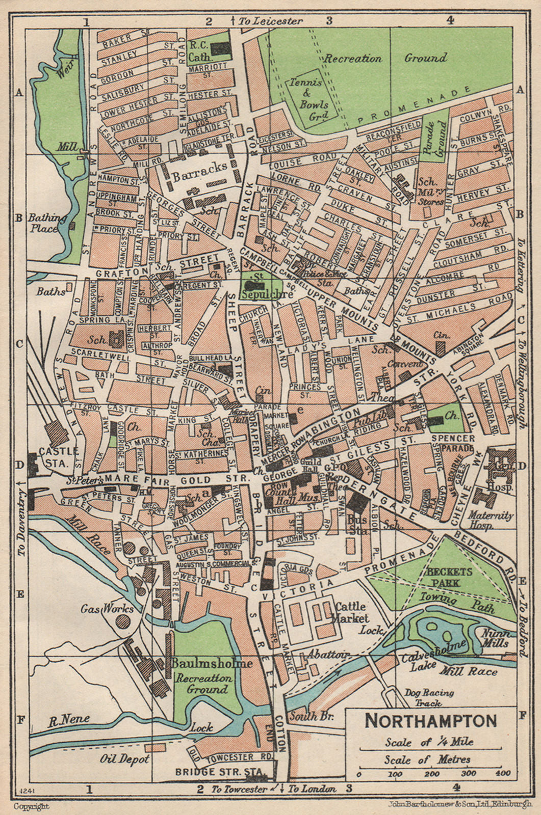 NORTHAMPTON. Vintage town city map plan. Northamptonshire 1950 old vintage